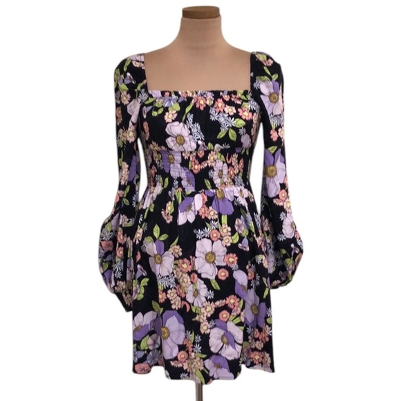 AFRM Noir Summer Bouquet Dress Size Small Black Floral Puff Sleeve Mini - Picture 1 of 10